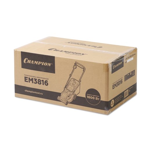 Изображение Газонокосилка эл. CHAMPION EM3816 (1,6 кВт пласт.+ткань травосб. 42л ширина 380мм 30-75мм, 11,3кг)